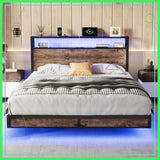 Full Size Bed Frame with Storage Headboard, LED Lights, Charging Station