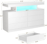 Modern White Dresser with LED Lights & Charging Station, 6 Drawer Storage