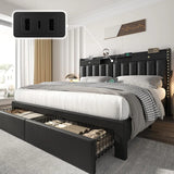 Queen Bed Frame with Headboard ＆ 4 Storage Drawers, Velvet Upholstered