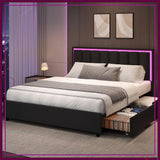 Queen Bed Frame with 4 Drawers, Faux Leather Upholstered, LED Lights