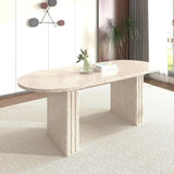 Oval Travertine-Inspired Dining Table for 4-8, Wooden Base, Suitable for Family