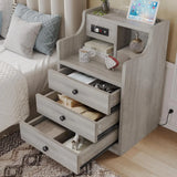 Nightstand Set 2, Grey Side Table with Charging Station, 3 Drawers, Modern