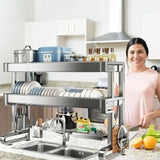 Over Sink Dish Drying Rack 3 Tier Full 304 Stainless Steel Large Storage Kitchen Dish Rack Expandable Drainer Shelf for Counter