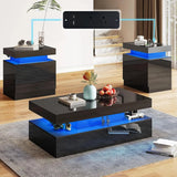 High Gloss 3 Pieces Living Room Table Set, Modern LED Coffee Table Sets