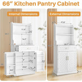 66 Pantry Cabinet with Adjustable Shelves and Drawer, Freestanding Microwave Stand Bakers Rack with Wine Glass Holder, Kitchen P