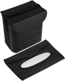 Black Quilted PU Leather Car Trash Bin With Integrated Tissue Dispenser, Leakproof Mini Garbage Holder Featuring Adjustable