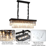 Modern 31-Inch Dining Room Crystal Pendant Light, Black Rectangular Adjustable Chain