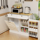 White Farmhouse Kitchen Storage Cabinet with Barn Doors Wooden Top Multi Purpose