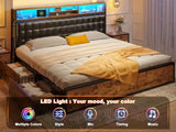 King Size Bed Frame Built in Charging Station & LED, Leather Upholstered