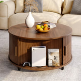 Round 31.5" Modern Coffee Table w/ 360° Curved Sliding Door,Fluted Wood