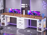 Farmhouse Style 96.5 Inch Double Computer Desk 2 Person with Drawers Storage Shelves