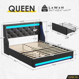Queen Bed Frame with LED Lights and Charging Station, Noise Free