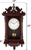 Wall Clock with Real Wood, 4 Chime Options, Swinging Pendulum, 22" Large