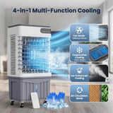Portable evaporative air cooler for garage use, plastic housing, gray color
