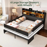 King Bed Frame with 6 Storage Drawers And Linen Upholstered Headboard