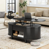 43.3" Oval Lift Top Coffee Table with Hidden Compartment, Fluted Wood