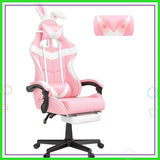 Pink Gaming Chair with Footrest, Bunny Ears, Ergonomic Design for Girls, Women