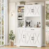 Tall Farmhouse-Style Kitchen Pantry Cabinet with Microwave Stand and Barn Door Design