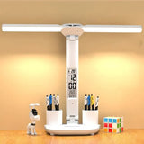 LED Clock Table Lamp USB Chargeable Dimmable Desk Lamp 2 Heads