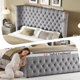 King Size Platform Bed Frame, 6.3” Thick Upholstered Curved Headboard