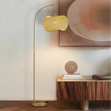 Chic Standing Lamp with Hanging Wicker Pendant Shade for Living Room, Boho Rattan Natural Decor, Arcs Over Sofa