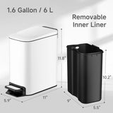 Slim Bathroom Trash Can with Lid, Soft Close Step Pedal, 6L Stainless Steel Bin for Bedroom Office Kitchen in White