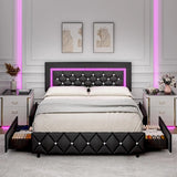 Queen Bed Frame w/LED Lights, Modern Platform Bed w/Diamond Headboard