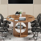 43-59 Inch Walnut Oval Meeting Table with Storage, Suitable for 4-6 People