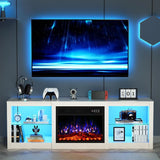 70-inch Electric Fireplace TV Stand for 80'' TV in Living Room, White Color, with Adjustable Glass Shelves and Remote Control