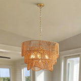 Handwoven Rattan Boho Chandelier 7-Light E26, 60cm Adjustable Wave Pendant