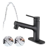 Bathroom sink faucet with pull-out sprayer matte black finish modern single-handle design with pop-up drain stopper