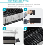 2-Tier Stainless Steel Dish Drying Rack with Drain Pipe & Utensil Holders