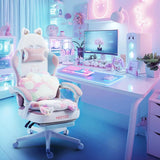 Pink Gaming Chair Cute with Cat Ears Paw Lumbar and Cushion,Ergonomic Computer Chair