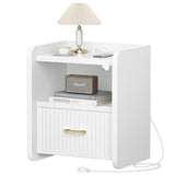 Fluted Wood Nightstand with Charger Station & Drawer For Home Office Sofa Customized