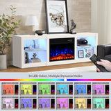 70-inch Electric Fireplace TV Stand for 80'' TV in Living Room, White Color, with Adjustable Glass Shelves and Remote Control