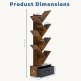 MCQ 7-Tier Tree Bookshelf with Drawer 43IN Wooden Narrow Slim Corner Bookshelf for Small Spaces