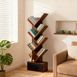 MCQ 7-Tier Tree Bookshelf with Drawer 43IN Wooden Narrow Slim Corner Bookshelf for Small Spaces