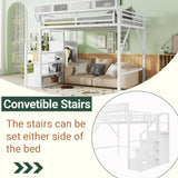 Full Size Loft Bed with Stairs and Storage, Metal Loft Bed Frame with Shelf