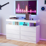 Modern White Dresser with LED Lights & Charging Station, 6 Drawer Storage