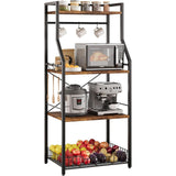 4-Tier Kitchen Bakers Rack & Microwave Oven Stand with Large Wire Basket, Industrial Coffee Bar Station with Hooks, Kitchen Utility Storage
