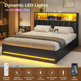 Wooden Bed Frame with Charging Station, Storage Drawers and LED Lights