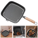 Cast Iron Skillet Steak Pan with Wooden Handle Uncoated Non-stick Frying Pan