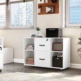 White Mobile Letter Size File Cabinet with 2 Drawers and 4 Open Shelves for Home Office Storage