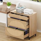 3-Drawer Rattan File Cabinet, A4 Size Hanging Files, Large Wooden Printer Stand for Home Office
