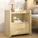 Fluted Wood Nightstand with Charger Station & Drawer For Home Office Sofa Customized