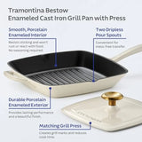 11-inch Enameled Cast Iron Grill Pan with Press Latte with Gold Knob Ideal for Grilling and Cooking Durable Non-Stick Surface