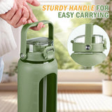 64oz Glass Water Bottles with Straw Time Marker, Half Gallon Large Motivational Water Jug
