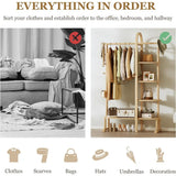 Solid Wood Clothing Rack with 4 Shelves Storage and 5 Wooden Hooks Clothes Rack,Multi-functional Coat Rack for Clothes, Shoes, B