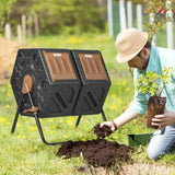 Rotating Composter, Dual Chamber Compost Bin with 24 Vents and Steel Legs