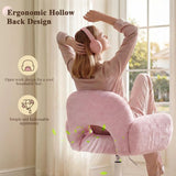 Vanity Chair Round Hollow Back Height Adjustable Faux Fur Wheels Arms Makeup Bedroom